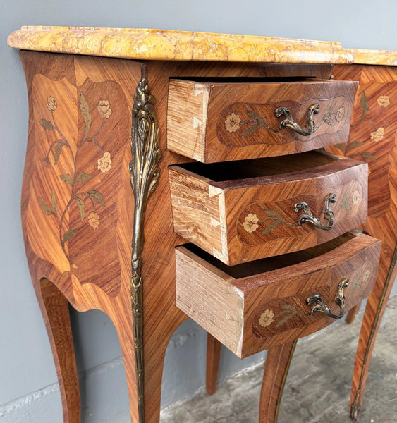 Pair of 30" Tall Antique French Louis XV Inlayed Nightstands with Marble Tops