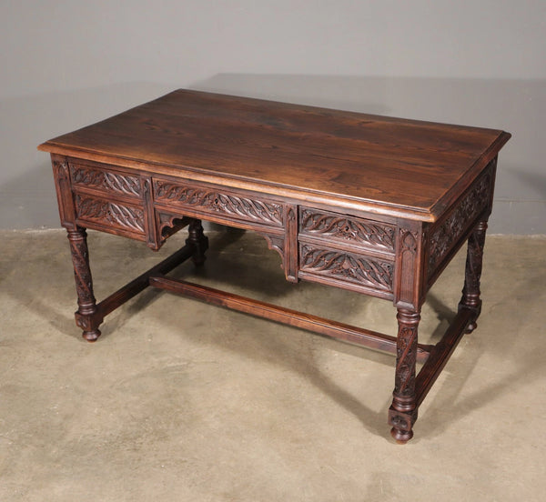 French Antique Gothic Revival Desk with Chair in Solid Carved Chestnut Wood