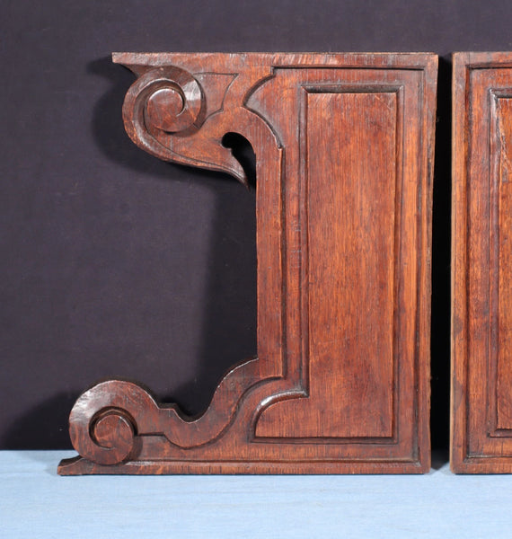Pair of 11" Tall French Antique Carved Solid Oak Wood Brackets Trim Pieces