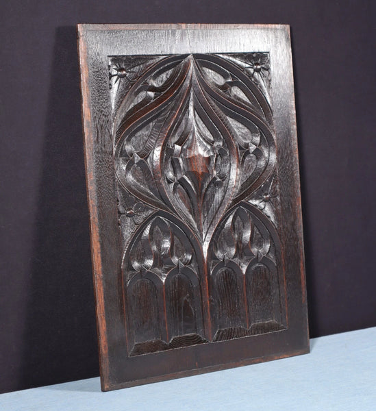 French Antique Gothic Revival Panel in Solid Chestnut Wood Salvage Late 1800's