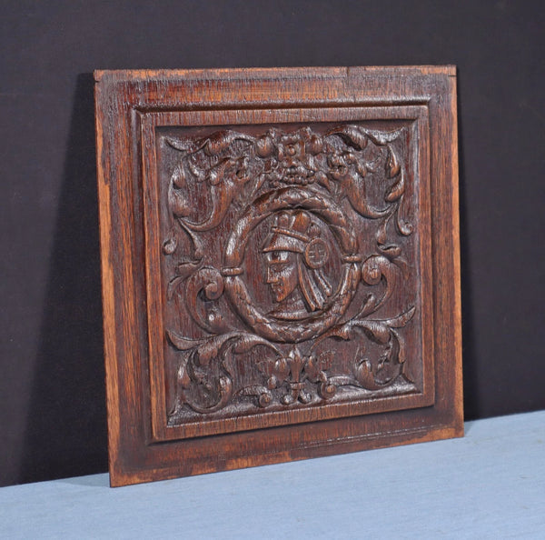 Antique French Solid Oak Highly Carved Panel with Portrait Carving Late 1800's