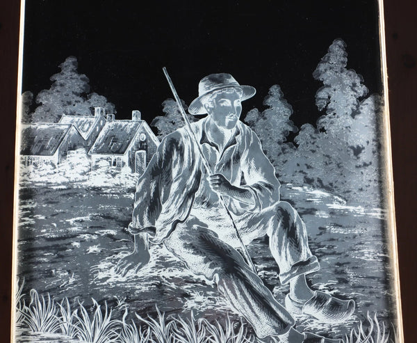 37" Tall Antique French Etched Glass Window with Rural Scene Man by the Water