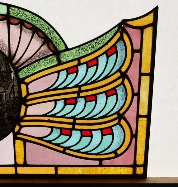 36" Wide Antique French Art Deco Stained Glass Panel of Bruges w/Copper Frame