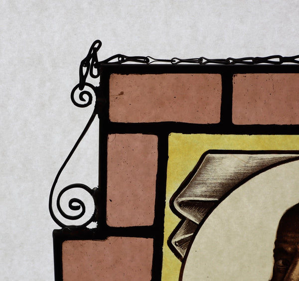 13" Tall Antique French Stained/Leaded Glass Panel w/ Portrait Rembert Dodoens