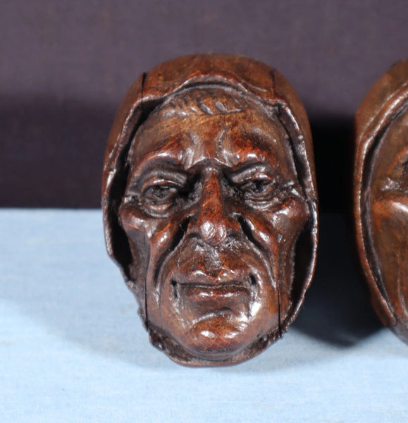 Pair of 4" Tall French Antique Highly Carved Heads in Solid Oak Wood Trim Pieces