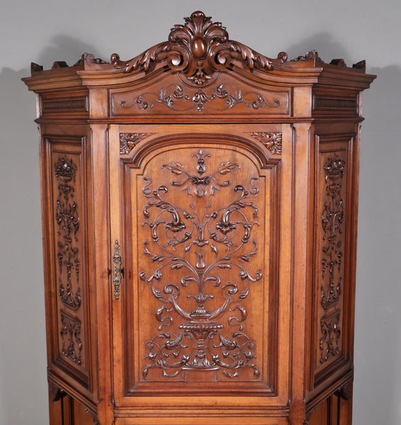 71" Tall Antique French Solid Walnut Wood Highly Carved Renaissance Cabinet