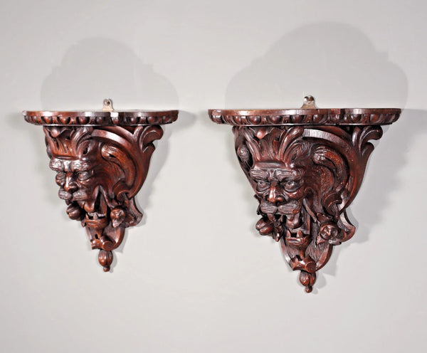 Pair of Large French Antique Lion Wall Sconces/Shelves in Solid Oak and Chestnut