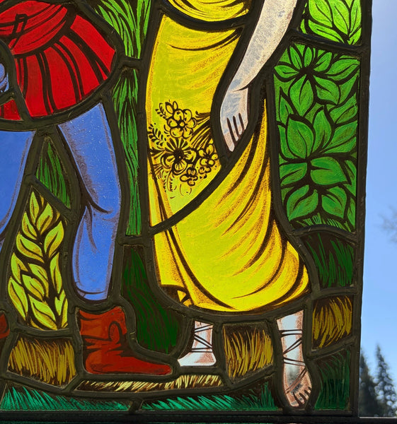 20" Tall Vintage Belgian/Flanders Stained/Leaded Glass Panel of Thyl and Nele