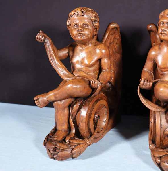 13" Tall Pair of French Antique Solid Walnut Wood Highly Carved Cherubs