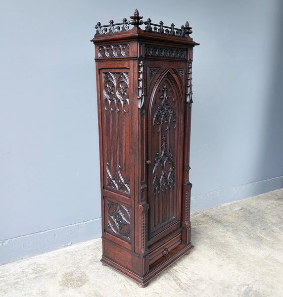 67" Tall French Antique Gothic Cabinet in Solid Oak Highly Carved Wood