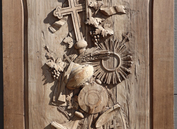 89" Tall Antique French Solid Walnut and Oak w/Crucifix Christian Altar Panel