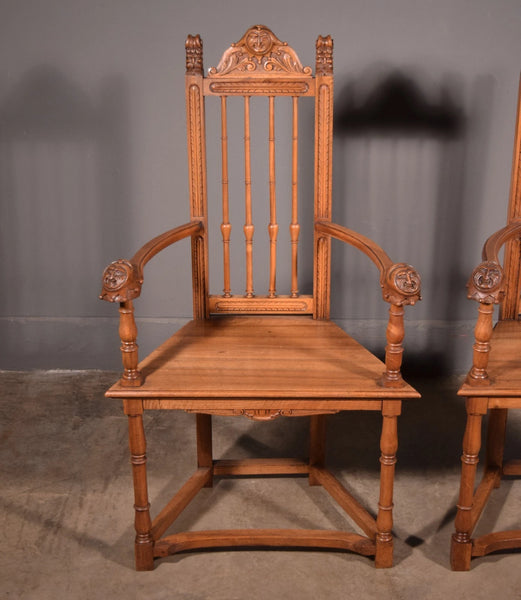 Pair of Antique Renaissance Revival Arm Chairs Solid Walnut Hand Carved Jesters