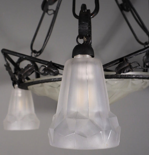 Antique French Art Deco Chandelier with Frosted Glass and Iron Signed by Degué