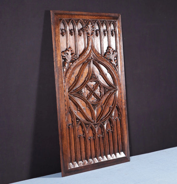 26" Large French Antique Gothic Revival Panel Solid Oak Wood Salvage Late 1800's