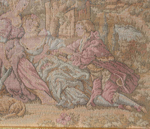 12" Antique French Framed Tapestry of a Courting Scene in Rococo Style