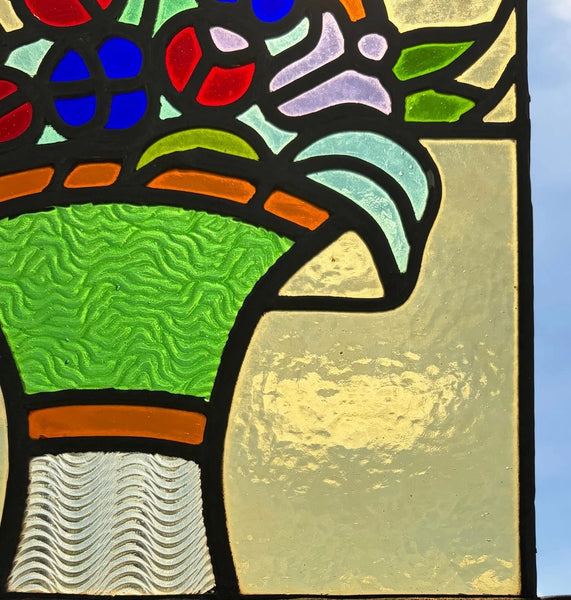 15" Tall Antique French Art Deco Stained/Leaded Glass Panel of Flowers