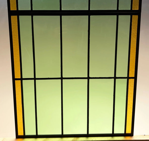 43" Tall Pair of Antique French Stained Glass Window Panels Green & Yellow Glass