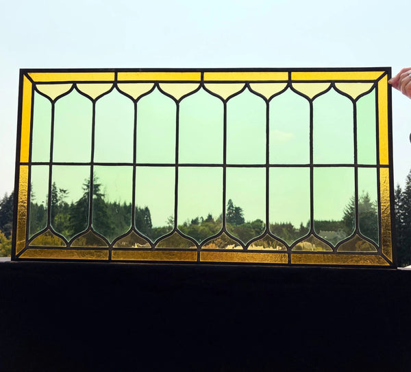 39" Wide Antique French Stained Glass Window Panel with Green & Yellow Glass