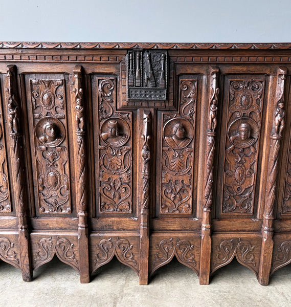 Antique French Renaissance Chest/Trunk/Sideboard Solid Oak w/Detailed Carvings