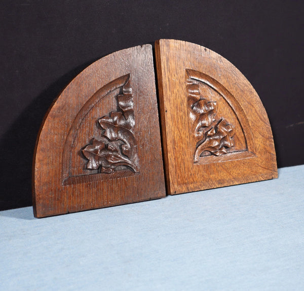 Pair of Gothic Carved French Architectural Panels/Trim in Solid Oak Wood Salvage