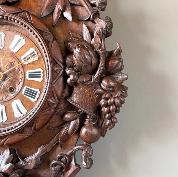 XL Antique French Renaissance Solid Oak Wood Highly Carved Clock Harvest Theme