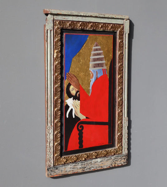 Vintage Framed Oil on Panel Painting of St Francis with Cat by Paul Bruylant