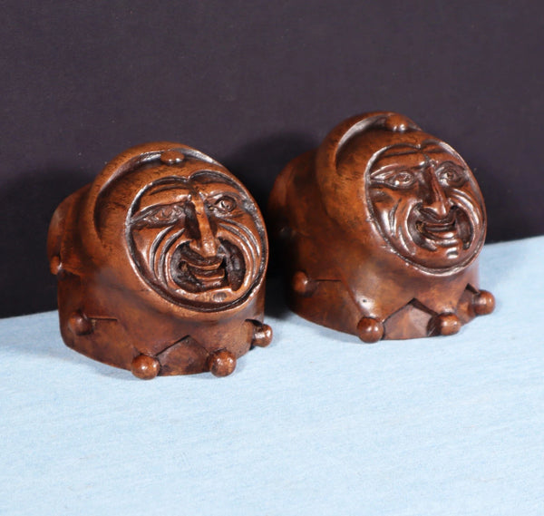 Pair of 3" Tall French Antique Highly Carved Jester Heads in Solid Walnut Wood