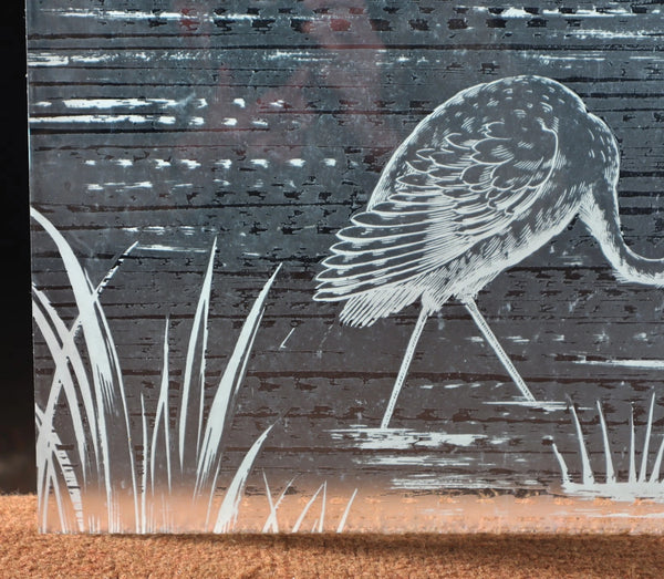 25" Tall Antique French Etched Glass Window Frosted Glass with Herons/Birds