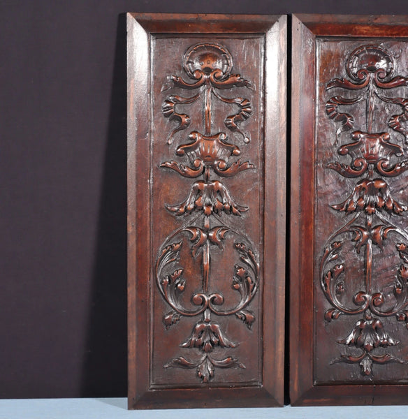 21" Tall Pair of Antique French Solid Walnut Wood Highly Carved Panels