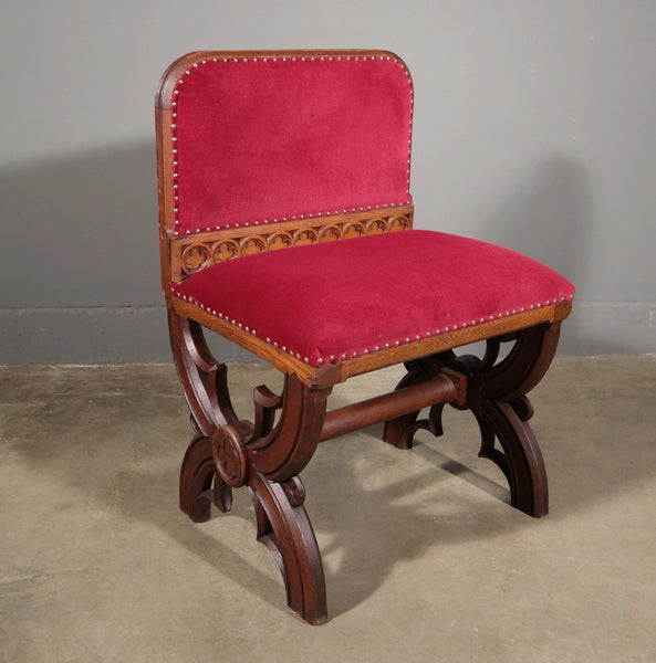 Antique Gothic Priest's Pulpit/Sanctuary Chair Set In Solid Oak and Red Velvet
