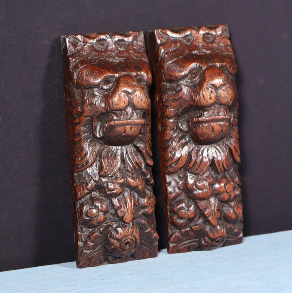 Pair of 8" French Antique Highly Carved Lion Corbels/Trim/Brackets Solid Oak