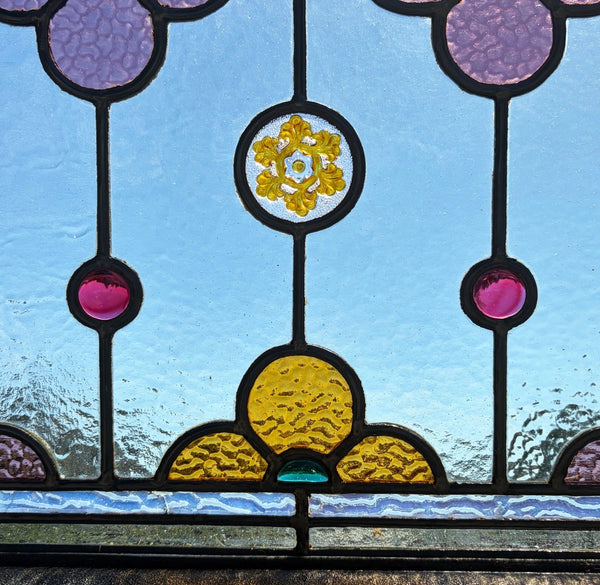 38" Tall Antique French Stained/Leaded Glass Panel w/Griffin and Uranium Glass