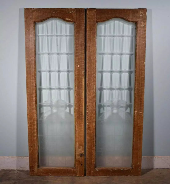 75" Tall Pair of Antique French Etched Glass Windows Frosted Glass Salvage