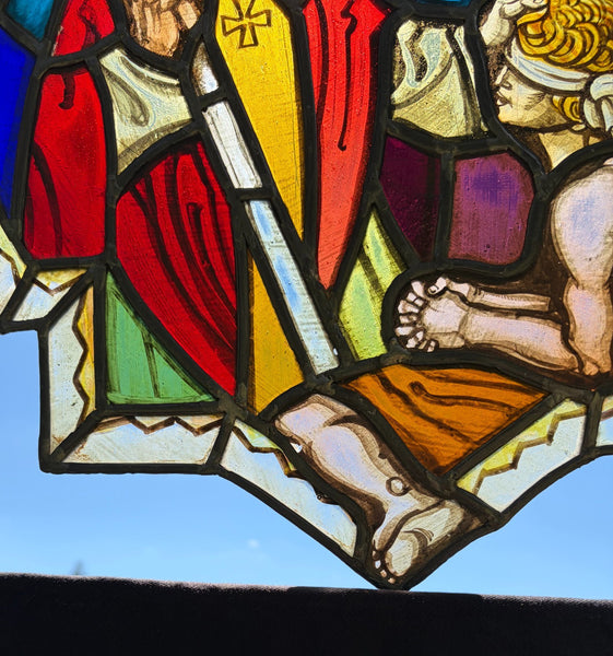 16" Tall Vintage Belgian Stained/Leaded Glass Panel of a Saint Healing the Blind