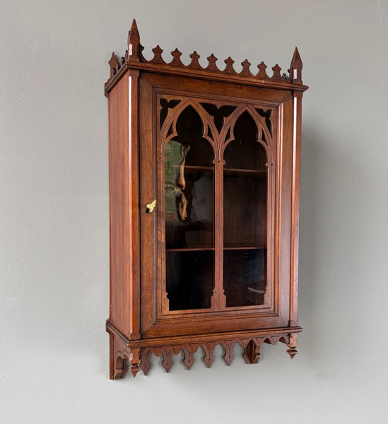 French Antique Gothic Revival Solid Oak and Walnut Wood Bar or Wall Cabinet