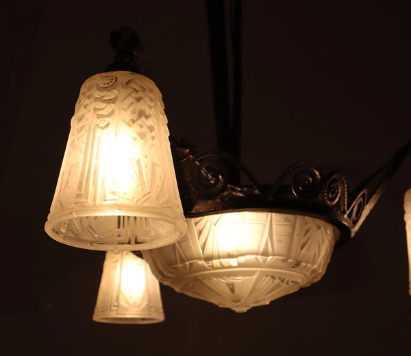 Antique French Art Deco Chandelier with Frosted Glass and Iron by Muller Freres