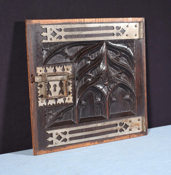 Antique French Solid Chestnut Wood Carved Gothic Door w/Faux Hinges and Latch