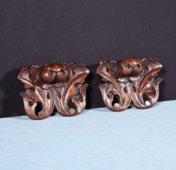Pair of 3" French Antique Highly Carved Trim/Brackets/Corbels Solid Oak Wood