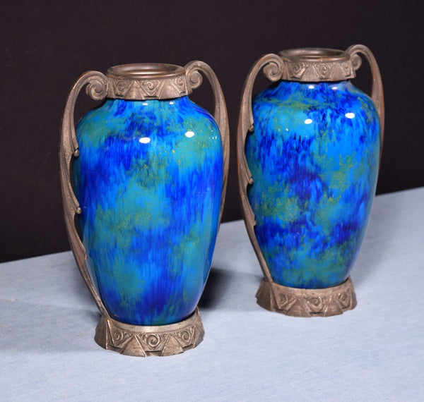 Vintage Art Deco Paul Milet Sèvres Vases/Urns Blue Drip Glaze w/Bronze Ormolu