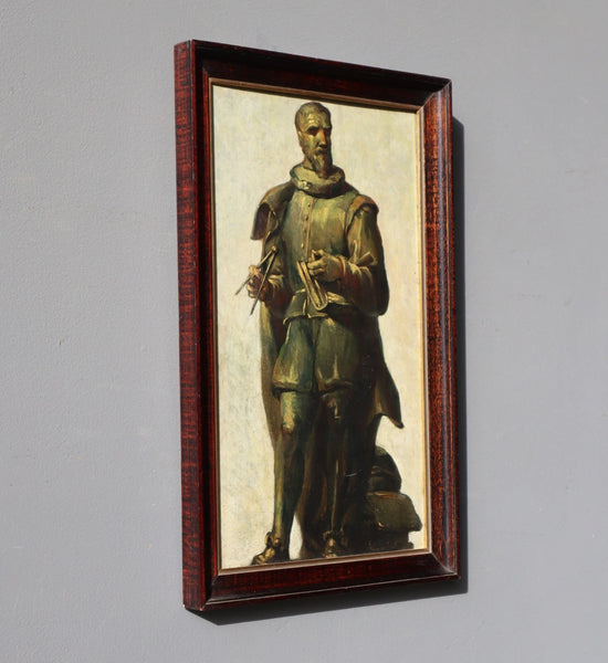 Antique Framed Oil on Panel Painting/Study of Statue of Simon Stevin in Brugge