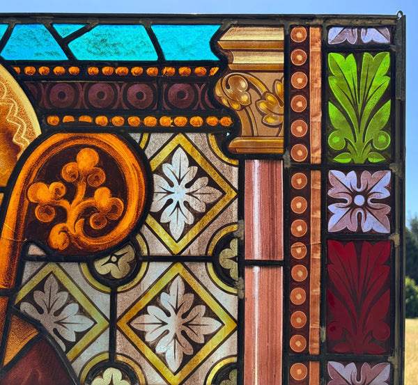38" Wide Antique Stained/Leaded Glass Panel of Saint Highly Detailed