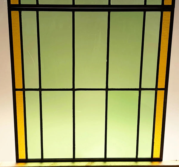 43" Tall Pair of Antique French Stained Glass Window Panels Green & Yellow Glass