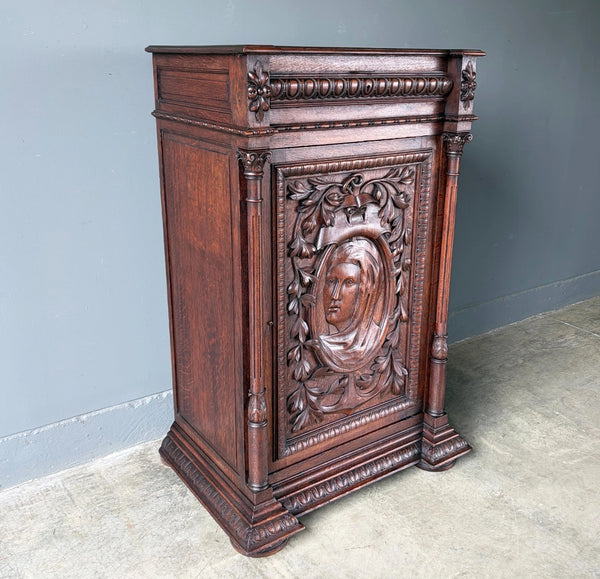 French Antique Solid Oak Wood Cabinet with Highly Carved Virgin Mary Door