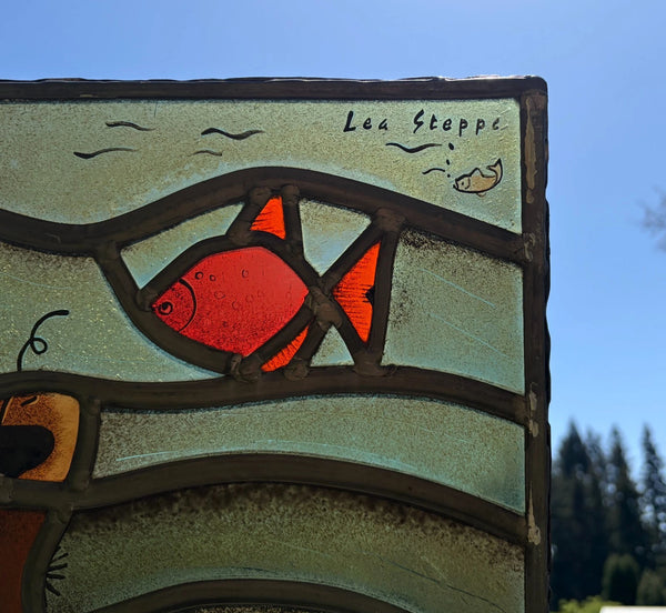 Vintage Dutch Stained/Leaded Glass Panel by Lea Steppe Sea Life Themed