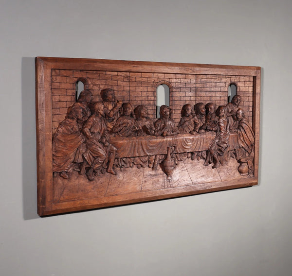 Large Vintage Highly Carved Panel of Jesus and 12 Disciples "The Last Supper"