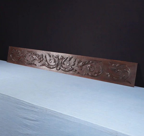 59" Wide Large Antique French Solid Oak Wood Panel/Crest Pediment w/Carvings