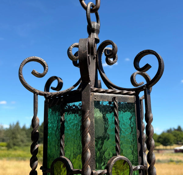 20" Tall Vintage French Iron and Stained Glass Hanging Chandelier/Pendant Lamp