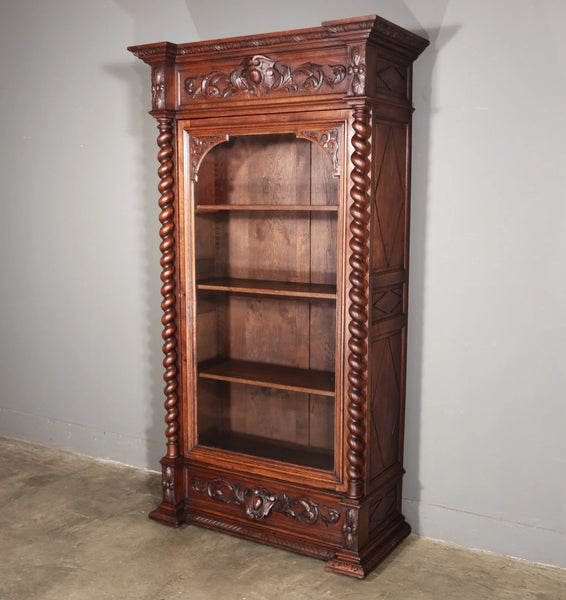 88" Tall French Antique Solid Oak Wood Bookcase/Display Case/Cabinet Carved