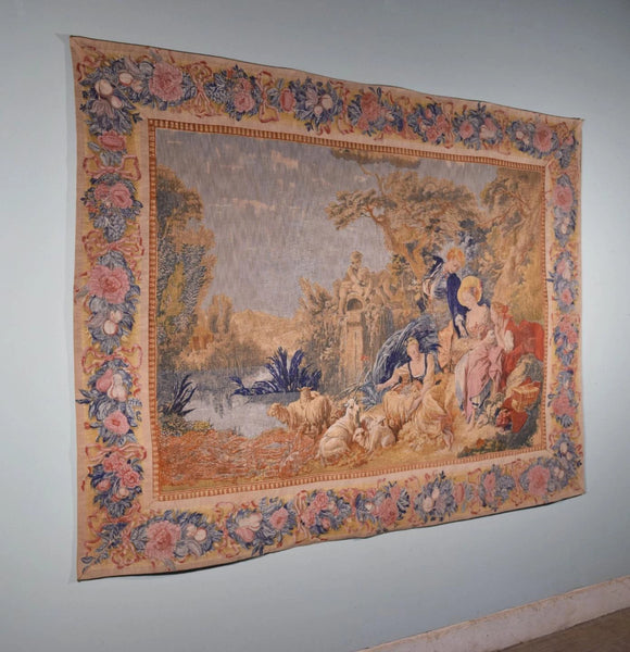 8 Foot Wide Vintage French Hanging Tapestry After Francoise Boucher's "The Nest"