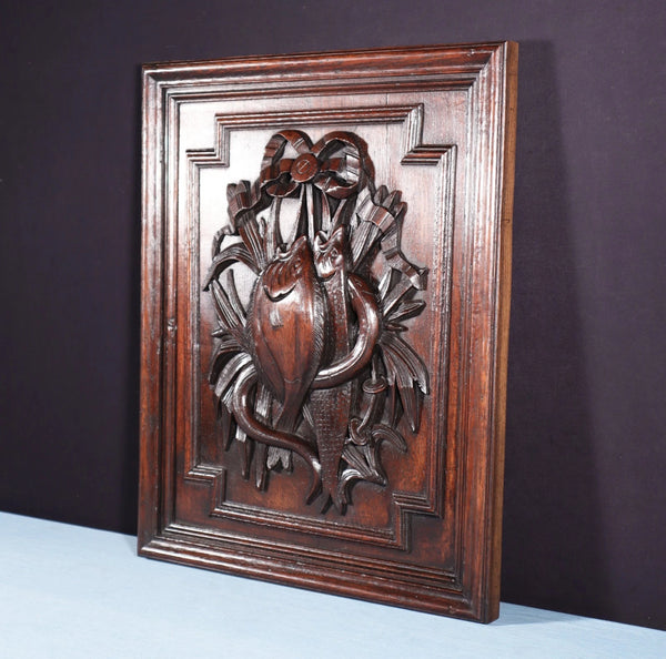 24" Tall French Antique Solid Oak Panel Highly Carved Hunting Theme with Fish